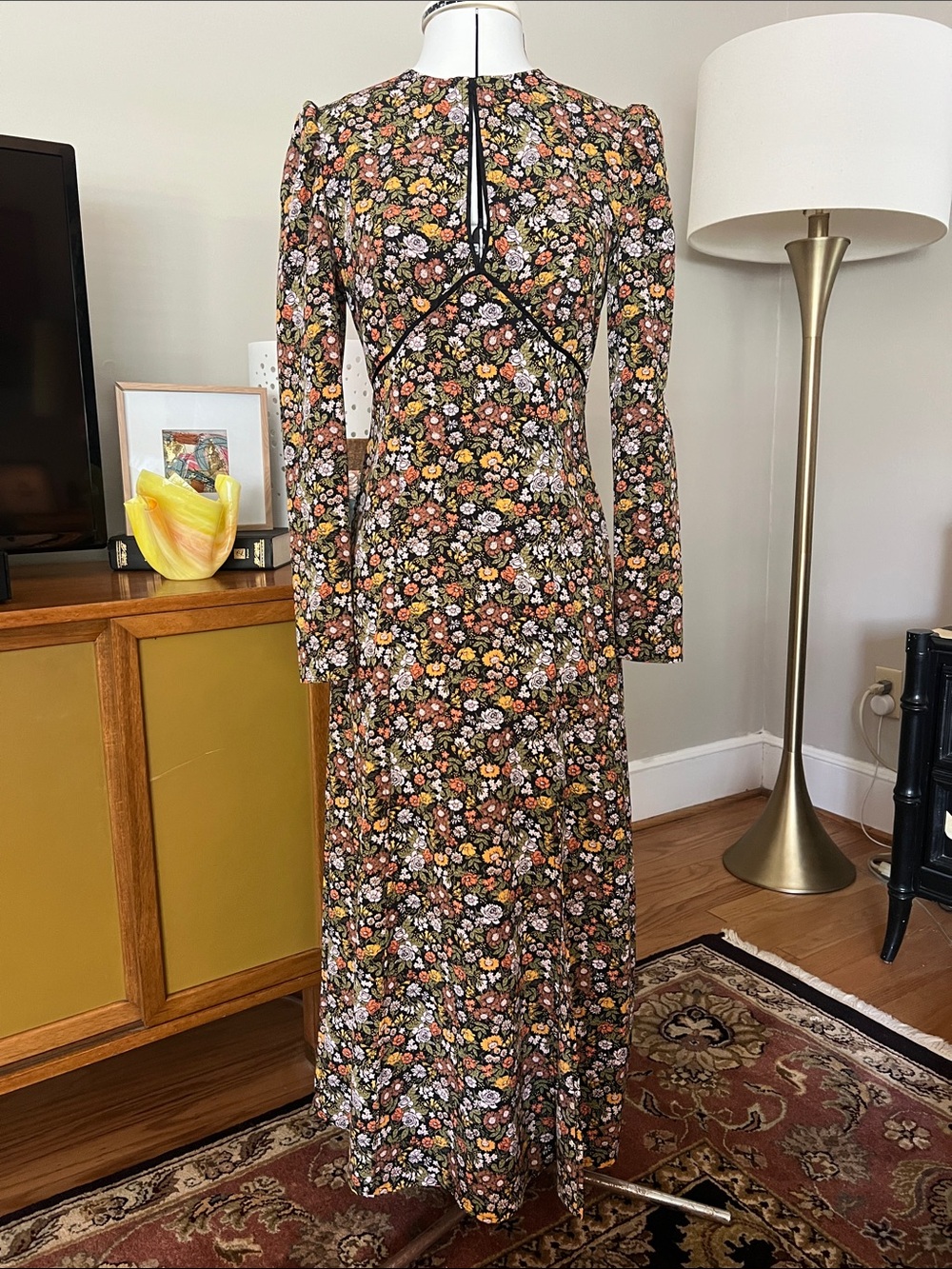 Topshop Black Floral Long-Sleeve Maxi Dress with Multi-Color Blooms